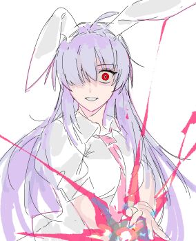 Rule 34 | 1girl, animal ears, breasts, collared shirt, crazy eyes, crazy smile, hair over one eye, highres, long hair, looking at viewer, magic, medium breasts, necktie, pink necktie, pink pupils, puffy short sleeves, puffy sleeves, purple hair, quatro10257041, rabbit ears, rabbit girl, red eyes, reisen udongein inaba, shirt, short sleeves, sidelocks, simple background, smile, solo, touhou, upper body, white background, white shirt, wide-eyed