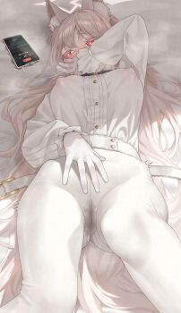 1girl absurdres akira_(blue_archive) animal_ear_fluff animal_ears banana_oekaki belt blue_archive blush cat_ears cellphone colored_eyelashes covered_erect_nipples earbuds earphones female_orgasm gloves halo heart heart-shaped_pupils highres long_hair lying on_back on_bed open_belt orgasm pants phone pussy_juice red_eyes shirt shirt_tucked_in smartphone solo symbol-shaped_pupils uncommon_stimulation wet wet_clothes wet_pants white_belt white_gloves white_hair white_pants white_shirt white_theme