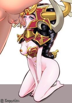 1boy 1girl alternate_form anus barefoot black_hair breasts cape fake_horns fellatio green_eyes grey_eyes highres horned_headwear horns kasparition kneeling large_breasts long_hair looking_at_viewer medium_breasts morathi oral penis testicles warhammer_fantasy