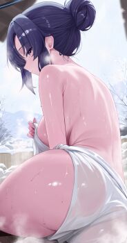 1girl absurdres armpit_crease ass back bare_shoulders blue_archive blush branch breasts closed_mouth commentary from_behind from_side grey_sky hair_between_eyes hair_bun hand_up highres holding holding_cloth holding_towel large_breasts light_particles long_hair looking_at_viewer looking_back median_furrow mountainous_horizon nail_polish onsen outdoors pink_nails purple_eyes purple_hair red_pupils sei_(0724sei6) sideboob sidelocks sitting sky snow snowflakes snowing solo steam thighs towel turning_head water wet wooden_floor wooden_wall yuuka_(blue_archive)