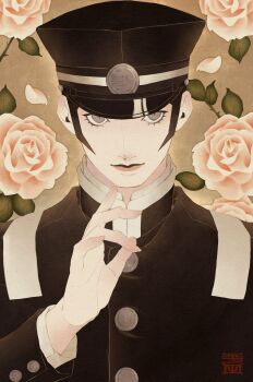 Rule 34 | 1boy, black hair, black jacket, commentary request, devil summoner: raidou kuzunoha vs the soulless army, devil summoner (series), flower, gakuran, grey eyes, hand up, hat, highres, jacket, kuzunoha raidou, looking at viewer, male focus, pertex 777, rose, school uniform, shako cap, short hair, sideburns, solo, upper body, very short hair, yumizuki imperial high school uniform