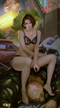 1boy 1girl barefoot black_panties blue_eyes bra brown_hair halhe highres jewelry jill_valentine necklace nemesis_(resident_evil) panties resident_evil resident_evil_3:_nemesis resident_evil_3_(remake) see-through_bra see-through_clothes short_hair sitting sitting_on_person underwear wreckage