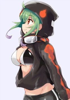 1girl bike_shorts bikini bikini_under_clothes black_bikini black_jacket black_shorts breasts brown_eyes cowboy_shot digimon digimon_world_re:digitize goggles goggles_around_neck green_hair hood hood_up hooded_jacket jacket medium_breasts n36hoko open_clothes open_jacket profile shinomiya_rina shorts simple_background solo swimsuit white_background white_bikini