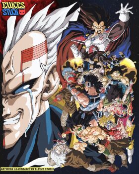 1girl armor baby_(dragon_ball) baby_vegeta bardock black_eyes black_hair blood blue_eyes bodysuit broken_armor corpse cross_scar crying death decapitation deep_wound dragon_ball dragon_ball_gt dragonball_z elucestudio execution exposed_bone facial_scar gloves grey_hair grin guro headband highres injury king_vegeta monkey_boy monkey_tail multiple_boys murder muscular muscular_male mutilation oozaru open_mouth panbukin_(dragon_ball) pants pectorals possessed saiyan saiyan_armor scar scar_on_cheek scar_on_face scouter seripa severed_arm severed_head severed_limb short_hair simple_background smile spiked_hair streaming_tears tail tail_around_own_waist tears teeth toma_(dragon_ball) toteppo veiny_face white_hair wristband