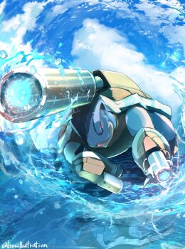 absurdres blastoise blue_sky bo_(bouillustration) cannon cloud gen_1_pokemon highres looking_at_viewer mega_blastoise mega_pokemon nintendo no_humans open_mouth pokemon pokemon_(creature) pokemon_focus red_eyes reflection reflective_water sky water water_cannon