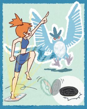 1girl :d arm_up articuno balancing barefoot bike_shorts blue_border blue_eyes blue_shorts blue_sports_bra border cd crop_top full_body gen_1_pokemon green_background leg_up legendary_pokemon misty_(pokemon) nintendo open_mouth orange_hair pointing poke_ball poke_ball_(basic) pokemon pokemon_(anime) pokemon_(classic_anime) pokemon_(creature) pokemon_rgby ponytail short_hair shorts side_ponytail smile sports_bra standing standing_on_one_leg swimsuit weighing_scale