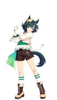 1girl animal_ears boots brown_boots brown_shorts ears_through_headwear full_body fur-trimmed_boots fur_trim gloves green_eyes green_hair highres horse_ears horse_girl horse_tail jacket kiseki_(umamusume) kneehighs lace-up_boots looking_at_viewer short_hair shorts socks solo tachi-e tail transparent_background umamusume white_gloves white_jacket white_socks white_streaks yellow_beret