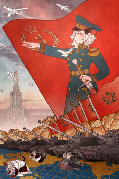 1girl 3boys aircraft airplane arknights battle_standard belt black_headwear black_jacket blush buttons character_request closed_mouth communism double-breasted dragon_horns fat fat_man flag flag_on_vehicle green_jacket grey_hair hat highres horns jacket jet long_hair long_sleeves military military_hat military_uniform military_vehicle motor_vehicle multiple_boys nadieinocente open_clothes open_jacket open_mouth pointing pointing_forward red_flag sheath sheathed soviet sword tail talulah_(arknights) tank war_flag weapon white_hair white_jacket