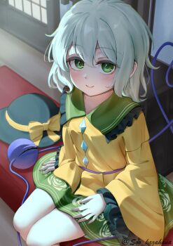 Rule 34 | 1girl, absurdres, blush, breasts, buttons, closed mouth, commentary request, diamond button, dot nose, eyeball, feet out of frame, floral print, frilled shirt collar, frills, from above, green eyes, green skirt, grey hair, hair between eyes, hat, highres, indoors, komeiji koishi, legs together, long sleeves, looking at viewer, medium hair, shirt, sitting, skirt, small breasts, smile, solo, soo kazahana, stenciled rose, third eye, touhou, unworn hat, unworn headwear, upturned eyes, wide sleeves, yellow shirt