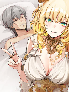 Rule 34 | 1boy, 1girl, aglaea (honkai: star rail), bare shoulders, bed, blonde hair, breast tattoo, breasts, caelus (honkai: star rail), cleavage, closed mouth, colored inner hair, commentary, dress, foxyreine, green eyes, grey hair, guy tired after sex (meme), head wreath, highres, honkai: star rail, honkai (series), large breasts, looking at viewer, meme, multicolored hair, pillow, short hair, signature, smile, tattoo, trailblazer (honkai: star rail), under covers, v, watermark, web address, white dress