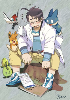 1boy bara black_hair blush bulge commentary drooling erection erection_under_clothes eye_mask facial_hair fai_(fai-storage) full_body gen_4_pokemon gen_7_pokemon glasses highres male_focus mask mature_male merchandise munchlax nintendo on_shoulder pawmot pencil pikipek poke_ball poke_ball_(basic) pokemon pokemon_(creature) pokemon_on_shoulder pokemon_sleep professor_neroli round_eyewear shoes short_hair sideburns sleeping sleeping_upright smoliv solo_focus stubble thick_eyebrows zzz