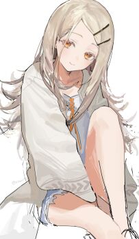 1girl between_legs blue_shorts camisole closed_mouth colored_eyelashes denim denim_shorts earrings feet_out_of_frame flipped_hair gakuen_idolmaster hair_ornament hairclip hand_between_legs highres idolmaster jewelry knee_up light_blush long_hair long_sleeves looking_at_viewer open_clothes open_robe orange_eyes parallel_hairclips parted_bangs robe shinosawa_hiro shorts simple_background sitting smile solo stud_earrings twitter_username white_background white_camisole white_robe wide_sleeves yuuli_(tuna221022)