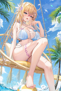 1girl absurdres arm_support ball bandaid bandaid_on_knee bandaid_on_leg bare_shoulders barefoot basket_swing beach beachball bead_choker beads bikini bird blonde_hair blue_bikini blue_eyes blue_nails blue_sky blush braid breasts character_request chinese_commentary choker cleavage coconut_tree collarbone commentary_request criss-cross_halter crossed_bangs day dutch_angle feet flower frilled_choker frills from_below gradient_hair hair_between_eyes hair_flower hair_ornament halterneck hand_up heart heart_hair_ornament heart_in_eye highres indie_virtual_youtuber large_breasts legs lens long_hair looking_at_viewer multicolored_hair nail_polish ocean open_mouth outdoors palm_tree pearl_choker pink_hair saliva saliva_trail see-through_cleavage see-through_clothes sidelocks sitting sky solo sparkle string_bikini sunlight swimsuit symbol_in_eye thighs toes tree umbrella very_long_hair virtual_youtuber water water_drop white_flower yuuichi_yuiko