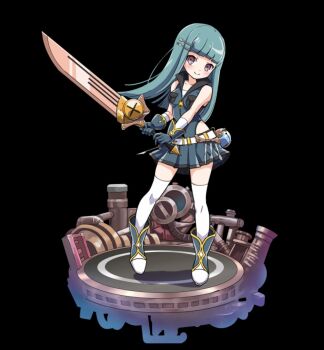 1girl belt black_background blue_boots blue_gloves blue_hair blunt_bangs blush boots breasts closed_mouth clothing_cutout collarbone dress fork full_body gloves hair_ornament hairclip highres holding holding_sword holding_weapon long_hair marine_(merc_storia) medium_breasts merc_storia merc_storia_art_team official_art purple_eyes shirt shirt_under_dress short_dress simple_background sleeveless sleeveless_dress smile solo spoon standing straight_hair sword tachi-e thighhighs two-handed_sword weapon white_belt white_shirt white_thighhighs