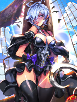 1girl absurdres animal bad_id bad_pixiv_id bdsm bird black_thighhighs blue_eyes blue_hair blue_sky bondage bound bound_wrists breasts cleavage cloud day female_focus furyou_michi_~gang_road~ hair_over_one_eye highres hook_hand large_breasts long_hair matching_hair/eyes milin_(orange_maru) pirate_ship side_ponytail sky solo tears thighhighs