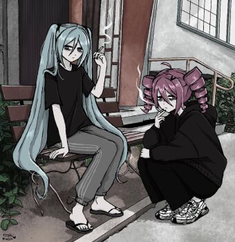 2girls ahoge aqua_eyes aqua_hair artist_name bags_under_eyes black_hoodie black_nails black_pants black_shirt bush cigarette drill_hair ershmash expressionless grey_pants hair_between_eyes hand_up hatsune_miku holding holding_cigarette hood hood_down hoodie kasane_teto long_hair multiple_girls nail_polish outdoors pants railing red_hair sandals shirt shoes short_hair short_sleeves signature smoke sneakers squatting stairs sweatpants twin_drills twintails utau very_long_hair vocaloid white_shoes