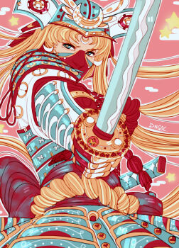 1girl alternate_universe aqua_armor aqua_eyes armor artist_name bishoujo_senshi_sailor_moon blonde_hair commentary crescent crescent_earrings crescent_facial_mark crescent_hat_ornament crescent_print dou earrings english_commentary facial_mark fighting_stance gauntlets hat_ornament heart heart_print helmet heynougat highres holding holding_sword holding_weapon japanese_armor jewelry kabuto_(helmet) katana kote kusazuri long_hair looking_at_viewer menpoo pink_background red_sash sailor_moon samurai sash saya_(scabbard) shoulder_armor sode solo sparkling_eyes star_(symbol) sword upper_body very_long_hair weapon
