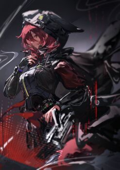 1girl absurdres animal_ear_hood animal_ears arknights black_background black_cape black_gloves black_jacket breasts cape closed_mouth cowboy_shot cropped_jacket crownslayer_(arknights) crownslayer_(the_dark_night_terminator)_(arknights) fake_animal_ears fingerless_gloves floating_cape from_side gloves gradient_background grey_background grey_vest hair_between_eyes hand_on_own_hip hand_up highres hood hood_up hooded_jacket hyena_ears hyena_girl jacket laoshi_wo_hao_e large_breasts looking_at_viewer medium_hair official_alternate_costume profile red_eyes red_hair scabbard sheath sheathed sidelocks sideways_glance solo vest