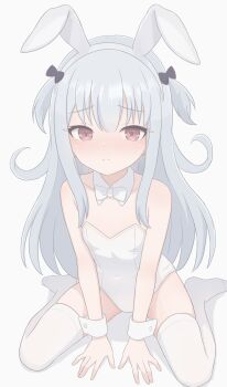 1girl animal_ears bare_shoulders black_bow blue_hair blush bow bowtie breasts brown_eyes closed_mouth collarbone covered_navel detached_collar fake_animal_ears flat_chest frown grey_hair hair_bow hairband ichijouma_mankitsu_gurashi leotard loli long_hair looking_at_viewer moke_(moke_dayo) nakano_neo no_shoes playboy_bunny rabbit_ears red_eyes simple_background sitting small_breasts solo strapless strapless_leotard thighhighs two_side_up virtual_youtuber wariza white_background white_bow white_bowtie white_hairband white_leotard white_thighhighs wrist_cuffs