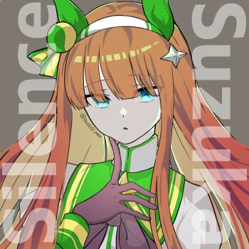 Rule 34 | 1girl, animal ears, aqua eyes, black bow, black gloves, blunt bangs, bow, character name, collared shirt, commentary request, ear covers, eyes visible through hair, finger to own chin, gloves, green hairband, grey background, hair ornament, hair over eyes, hairband, hand up, high collar, highres, horse ears, horse girl, kadokura (sushiu max), long hair, long sleeves, looking at viewer, multicolored hairband, orange hair, parted lips, puffy sleeves, shirt, silence suzuka (innocent silence) (umamusume), silence suzuka (umamusume), simple background, solo, star (symbol), star hair ornament, straight-on, twitter username, two-tone hairband, umamusume, upper body, white hairband, white shirt