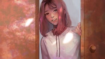 1girl :d aegyo_sal angela_he bob_cut brown_eyes freckles grin highres looking_at_viewer missed_messages neck_ribbon non-web_source official_art open_mouth opening_door pink_hair ribbon short_hair smile solo sweater upper_body white_sweater