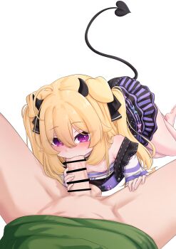 1boy 1girl absurdres animal_ears bar_censor blonde_hair blush breasts censored cerber_(vtuber) demon_horns demon_tail dog_ears dress fellatio green_hoodie highres hood hoodie horns indie_virtual_youtuber loli looking_at_viewer monotoxy nipples oral penis pov purple_dress purple_eyes ritspi simple_background small_breasts tail two_side_up vedal987 vedal_ai virtual_youtuber white_background