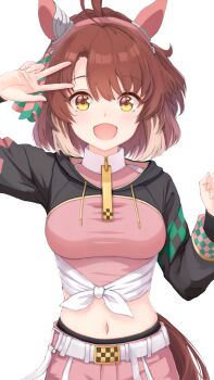 1girl absurdres ahoge animal_ears arm_up belt black_leggings black_shrug blush breasts brown_eyes brown_hair brown_tail commentary_request crop_top cropped_arms dantsu_flame_(center_spotlight)_(umamusume) dantsu_flame_(umamusume) ear_covers highres hood hood_down hooded_shrug horse_ears horse_girl horse_tail large_breasts leggings looking_at_viewer midriff navel open_mouth pink_shirt pink_shorts popoidraw shirt shorts shrug_(clothing) simple_background smile solo tail tied_shirt umamusume w white_background white_belt white_streaks