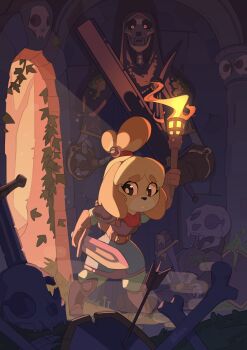 1girl absurdres animal_crossing animal_ears armor armored_boots arrow_(projectile) bell belt black_eyes blue_skirt bone boots breastplate brown_gloves coif commentary day dog_ears dog_girl doorway english_commentary full_body furry furry_female gloves glowing glowing_eyes grave green_pants green_shirt grimace hair_bell hair_bun hair_ornament hairband highres holding holding_sword holding_torch holding_weapon huffslove isabelle_(animal_crossing) ivy moss neckerchief nintendo overgrown pants pauldrons red_hairband red_neckerchief shield shirt shoulder_armor signature single_hair_bun skeleton skirt skull standing sunlight sword torch tree undead weapon