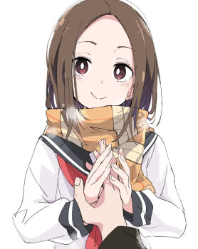 Rule 34 | 1boy, 1girl, black sailor collar, brown hair, closed mouth, ixy, karakai jouzu no takagi-san, long hair, looking at viewer, nishikata, plaid clothes, plaid scarf, red eyes, sailor collar, scarf, school uniform, serafuku, simple background, smile, takagi-san, upper body, white background