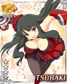 1girl black_hair black_pantyhose border bouncing_breasts breasts card_(medium) character_name cleavage dress english_text flower game_cg gauntlets hair_flower hair_ornament hime_cut large_breasts long_hair official_alternate_costume official_art open_mouth pantyhose red_dress red_eyes senran_kagura senran_kagura_new_wave solo speaker tsubaki_(senran_kagura) weaponized_instrument