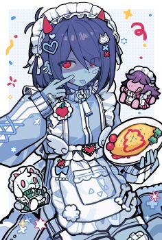 1other absurdres alternate_costume antenna_hair apron bandaid bandaid_on_cheek bandaid_on_face bandaid_on_hand blue_jacket blue_shoes blue_skin blue_theme blue_tongue bob_cut bone border bow broccoli character_doll chinese_commentary colored_skin colored_tongue commentary_request confetti cross-laced_clothes cross-laced_sleeves crossed_bandaids deltarune demon_horns doll double_vertical_stripe ear_piercing egg_(food) enmaided eyes_visible_through_hair food frilled_apron frills from_above gauze gauze_on_thigh hair_between_eyes hair_ornament hair_over_one_eye hand_up headdress heart heart_hair_ornament highres holding holding_plate horns jacket jersey_maid knees_out_of_frame kris_(dark_world)_(deltarune) kris_(deltarune) long_sleeves maid maid_apron maid_headdress middle_finger omelet other_focus outline outside_border piercing plate polka_dot polka_dot_background pom_pom_(clothes) puffy_long_sleeves puffy_sleeves ralsei red_eyes red_horns shio_0585 shoes shorts sitting sleeves_past_wrists solo star_(symbol) susie_(dark_world)_(deltarune) susie_(deltarune) swept_bangs tongue tongue_out track_jacket turtleneck turtleneck_jacket unconventional_maid utdr_(toby_fox) waist_apron wariza white_apron white_border white_bow white_headdress white_outline white_shorts x_hair_ornament zipper