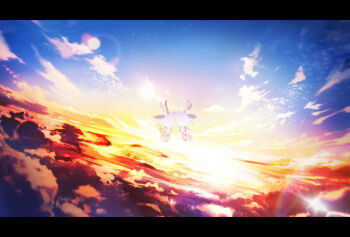 2girls above_clouds asu_no_yozora_shoukaihan_(vocaloid) blonde_hair cloud cloud_focus dress falling hair_bun highres himehina_channel letterboxed long_hair midair multiple_girls orange_clouds outdoors pink_hair red_clouds scenery sky star_(sky) sunset suzuki_hina tanaka_hime virtual_youtuber white_dress yanagida_shiina yellow_clouds