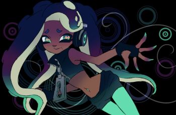 1girl bare_shoulders black_background blue_hair crop_top dark-skinned_female dark_skin frutiger_metro gradient_hair green_eyes headphones long_hair marina_(splatoon) mole mole_under_eye multicolored_hair nintendo octoling pantyhose solo splatoon_(series) splatoon_2 tentacle_hair vector_circles wamairii