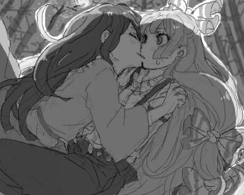 Rule 34 | 2girls, artist request, bamboo, bamboo forest, black hair, bow, collared shirt, forest, fujiwara no mokou, hair bow, hair ribbon, houraisan kaguya, kiss, long sleeves, monochrome, moon, moonlight, multiple girls, nature, overalls, ribbon, shirt, surprised, sweatdrop, touhou, white hair, yuri