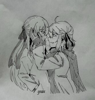 2girls ahoge anisphia_wynn_palettia blush breath coat commentary euphyllia_magenta eye_contact greyscale hair_ribbon hand_in_pocket hands_on_another&#039;s_face highres long_hair looking_at_another medium_hair monochrome multiple_girls parted_lips ribbon scarf symbol-only_commentary tensei_oujo_to_tensai_reijou_no_mahou_kakumei traditional_media yuri yuu_youuu