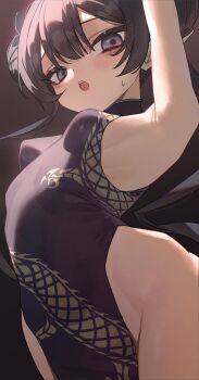 1girl absurdres arm_up armpits black_dress black_hair blue_archive braid braided_bun china_dress chinese_clothes commentary_request dinsoreprong64 double_bun dragon_print dress grey_eyes grey_halo hair_bun halo highres impossible_clothes impossible_dress kisaki_(blue_archive) looking_at_viewer open_mouth pelvic_curtain print_dress solo sweat