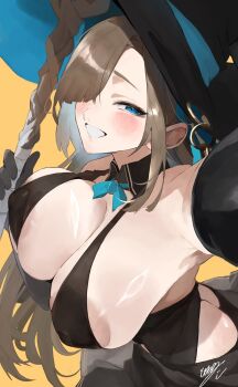 1girl areola_slip armpits ass asuna_(blue_archive) bare_shoulders black_dress black_gloves black_hat blue_archive blue_eyes blush breasts brown_hair cleavage covered_erect_nipples dress elbow_gloves gloves grin hair_over_one_eye hat highres large_areolae large_breasts long_hair looking_at_viewer outstretched_arm smile solo staff tomochi_(tmc_tmc8) very_long_hair witch_hat