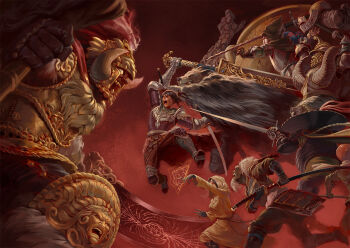 1girl 6+boys animal_head armor bald battle beard black_hair blaidd_the_half-wolf bloody_finger_okina blue_gemstone breastplate brown_hood cape cloak commentary delarave dou dual_wielding elden_ring english_commentary facial_hair fake_horns fighting finger_maiden_therolina from_side full_armor fur-trimmed_armor fur_cloak fur_trim gauntlets gem giant giant_male gloves gold_armor great_horned_tragoth greatsword grey_fur hammer helm helmet highres holding holding_hammer holding_sword holding_weapon hood hood_up horned_helmet horns huge_weapon iron_fist_alexander japanese_armor jumping knight kote kurokote kusazuri lionel_the_lionhearted long_hair multiple_boys open_mouth outdoors over_shoulder patches_(fromsoftware) plate_armor red_gemstone red_hair red_sky red_theme robe runes samurai sharp_teeth sheath shoulder_armor sky sode starscourge_radahn sword sword_over_shoulder tarnished_(elden_ring) teeth twin_blades unsheathing war_hammer weapon weapon_on_back weapon_over_shoulder white_beard white_facial_hair white_hair witch-hunter_jerren