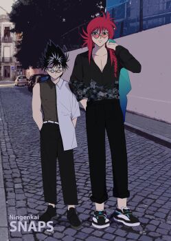 Rule 34 | 2boys, absurdres, asymmetrical sleeves, belt, black eyes, black hair, black pants, black shirt, black shoes, blue jacket, braid, casual, closed mouth, collarbone, collared shirt, english text, fashion, floral print shirt, flower, full body, green eyes, hand in pocket, hands in pockets, heart, heart-shaped eyewear, hiei (yu yu hakusho), highres, holding, holding jacket, holding unworn clothes, jacket, kurama (yu yu hakusho), long hair, long sleeves, looking at viewer, male focus, mini eyewear, multiple boys, one eye closed, pants, pectoral cleavage, pectorals, photo background, red-tinted eyewear, red hair, round eyewear, see-through clothes, see-through shirt, shirt, shirt partially tucked in, shoes, short hair, single braid, smile, sneakers, spiked hair, split shirt, standing, third eye, tinted eyewear, uneven sleeves, unworn jacket, v087, white belt, white shirt, yuu yuu hakusho