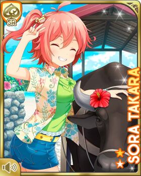 1girl ass belt bow bracelet bull card character_name clenched_teeth closed_mouth day denim denim_shorts female_focus flower from_behind girlfriend_(kari) green_bow green_shirt hair_ornament hairclip hawaiian_shirt jewelry official_art outdoors pink_eyes pink_hair qp:flapper raised_arm sandals shirt shorts side_ponytail smile solo tagme takara_sora teeth v