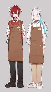 Rule 34 | 2girls, :d, absurdres, ahoge, alternate costume, ange katrina, apron, badge, black pants, black shoes, blue eyes, blue hair, blunt bangs, blush, breast pocket, brown apron, brown pants, closed eyes, closed mouth, collared shirt, colored inner hair, commentary request, gradient eyes, grey background, hair intakes, hair ornament, hand in pocket, hand on own hip, highres, lize helesta, long hair, looking at viewer, multicolored eyes, multicolored hair, multiple girls, name tag, nijisanji, object in pocket, open mouth, outline, pants, pen in pocket, pocket, ponytail, purple eyes, red hair, red sweater vest, shirt, shoes, short ponytail, side-by-side, sidelocks, simple background, sleeves rolled up, smile, split mouth, standing, straight-on, streaked hair, sweater vest, tonton1719, two-tone hair, very long hair, virtual youtuber, white hair, white outline, white shirt, white shoes