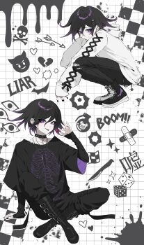 1boy absurdres alternate_costume arm_support arrow_(symbol) bishounen black_hair black_nails boots candy collarbone cross-laced_clothes cross-laced_sleeves crossed_ankles danganronpa_(series) danganronpa_v3:_killing_harmony dice doodles emo_fashion english_text explosive flipped_hair food grenade hair_between_eyes heart highres holding holding_candy holding_food holding_lollipop hood hoodie korean_commentary layered_sleeves lollipop long_sleeves looking_at_viewer male_focus multiple_necklaces oma_kokichi pale_skin pants purple_eyes purple_hair shirt short_hair short_over_long_sleeves short_sleeves sitting skeleton_print skull_and_crossbones sleeves_past_wrists smile sound_effects splatter squatting studded_choker tongue tongue_out ttegi_(ddeck_dg) white_hoodie