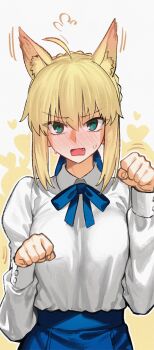 1girl absurdres ahoge animal_ear_fluff animal_ears artoria_pendragon_(fate) black_skirt blonde_hair blue_bow blue_bowtie blue_eyes blush bow bowtie braid breasts bun_with_braided_base cat_ears cat_girl collared_shirt fate/stay_night fate_(series) hair_bun hands_up highres kamisato_sora long_sleeves medium_breasts medium_hair nervous_sweating paw_pose saber_(fate) shirt shirt_tucked_in sidelocks single_hair_bun skirt solo sweat sweatdrop white_shirt