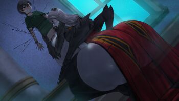 1boy 1girl age_difference arthropod_girl ass black_hair bottomless breasts colored_skin extra_arms fellatio femdom gigantic_breasts green_shirt grey_hair grey_skin hetero highres huge_ass indoors insect_girl insect_wings monster_girl moth_girl moth_wings neko_harass onee-shota oral original penis plump rape red_wings restrained shirt short_hair size_difference thick_thighs thighs window wings