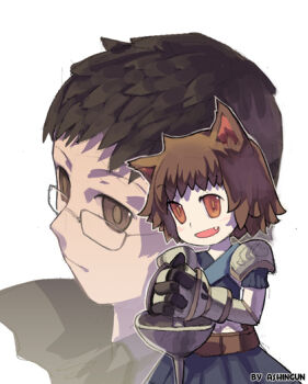 Rule 34 | 1boy, 1girl, animal ears, archived source, armor, belt, black hair, black shirt, blue sash, blue shirt, blue skirt, blue sleeves, blush, brown belt, brown eyes, brown hair, brown pupils, cat ears, cat girl, closed mouth, commentary request, cropped shirt, epee, fang, gauntlets, glasses, interlocked fingers, korean commentary, looking at viewer, midriff, open mouth, original, outline, pauldrons, planted, planted polearm, polearm, rimless eyewear, sash, shirt, short hair, short sleeves, shoulder armor, silver armor, simple background, skirt, tako ashin, upper body, v-neck, vambraces, weapon, white background, white outline