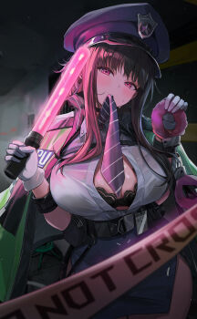 1girl absurdres black_hair blance blue_hat blue_skirt blush bra bra_peek breasts caution_tape commentary d_(killer_wife)_(nikke) d_(killer_wife)_(secret_police)_(nikke) d_(nikke) gloves goddess_of_victory:_nikke hat highres holding_baton holding_lightstick large_breasts long_hair looking_at_viewer miniskirt mouth_hold official_alternate_costume police police_hat police_uniform policewoman red_eyes shirt skirt solo sweat traffic_baton underwear white_gloves white_shirt