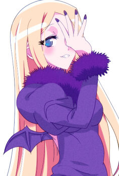 1girl bat_wings blonde_hair blue_eyes blush breasts demon_girl demon_wings dress empty_eyes fur_trim highres long_hair looking_at_viewer medium_breasts nail_polish overlord_(maruyama) purple_dress purple_nails renner_theiere_chardelon_ryle_vaiself sharp_nails smile very_long_hair wings yandere