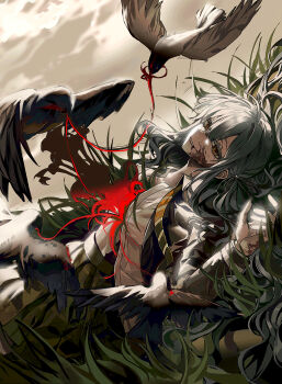 1girl absurdres bang_dream! bang_dream!_it's_mygo!!!!! bird blood blood_on_face blue_hair chinese_commentary commentary_request crow diagonal-striped_clothes diagonal-striped_necktie green_skirt grey_jacket haneoka_school_uniform highres jacket long_hair long_sleeves lying ne2op necktie on_back open_mouth plant_growth school_uniform shirt skirt string string_of_fate striped_clothes togawa_sakiko white_shirt