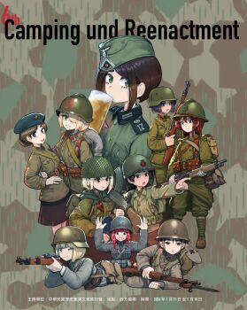 Rule 34 | 6+girls, ammunition pouch, arisaka, bayonet, beer mug, beret, blonde hair, blue eyes, bolt action, bren lmg, brown eyes, brown hair, camouflage background, closed mouth, collar tabs, commentary request, commission, cup, drinking, erica (naze1940), finger on trigger, garrison cap, green collar tabs, green eyes, gun, hands up, hat, helmet, highres, holding, holding gun, holding weapon, light machine gun, looking at viewer, looking to the side, machine gun, mas-36, mauser 98, military combat uniform, military rank insignia, military uniform, mug, multiple girls, one eye closed, open mouth, original, patch, pouch, red collar tabs, red hair, rifle, second-party source, shoulder boards, shoulder patch, unit patch, weapon