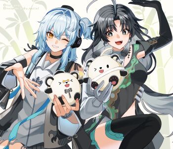 &gt;_&lt; 2girls absurdres ahoge artist_name bamboo black_hair blinking blue_hair blush breasts buling_(wuthering_waves) chinese_clothes choker commentary_request detached_sleeves earphones earrings gloves green_eyes highres holding holding_stuffed_toy jewelry jianxin_(wuthering_waves) long_hair long_sleeves looking_at_viewer multiple_girls open_mouth panda ribbon round_eyewear sailor_collar short_hair siblings sisters smile star_(symbol) stuffed_animal stuffed_toy tacet_mark_(wuthering_waves) toi_pngr white_background white_hair wuthering_waves yellow_eyes yin_yang yin_yang_earrings